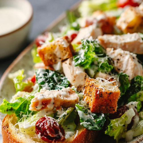 Easy Chicken Caesar Salad with Garlic Bread