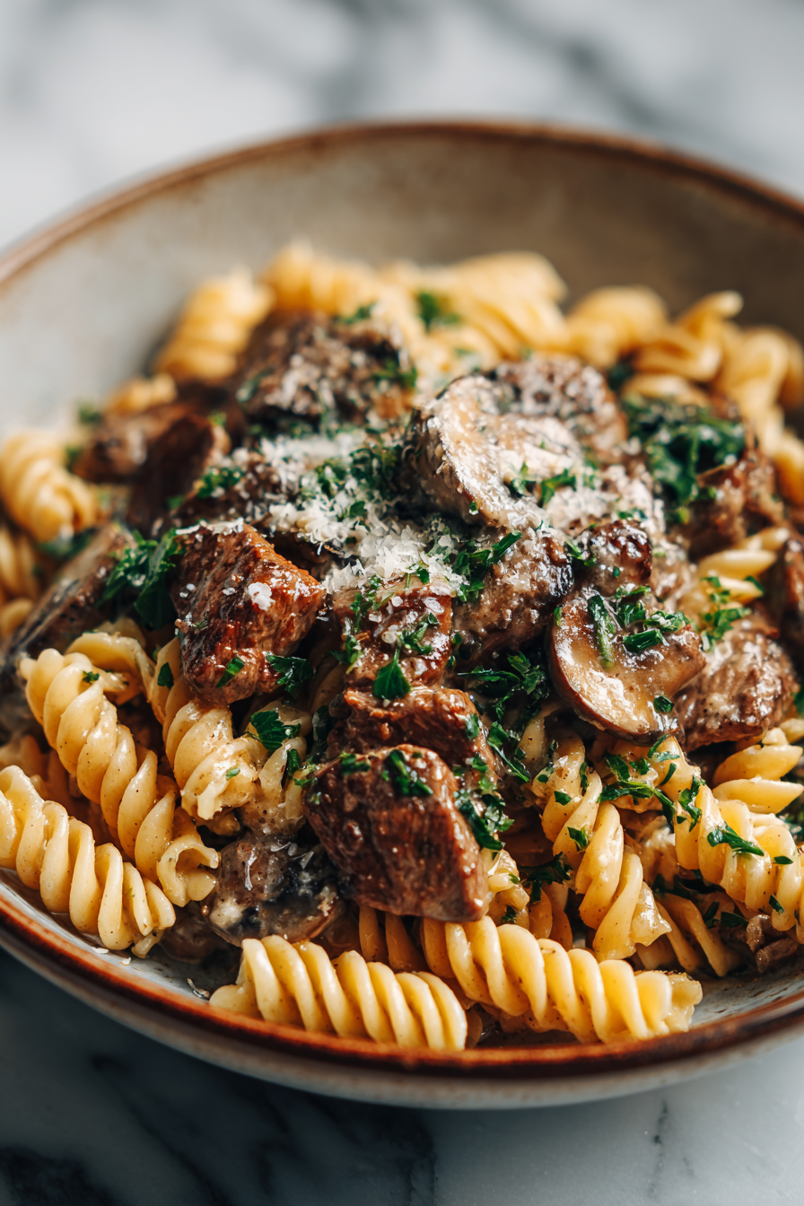 Beef and Rotini in Garlic Sauce