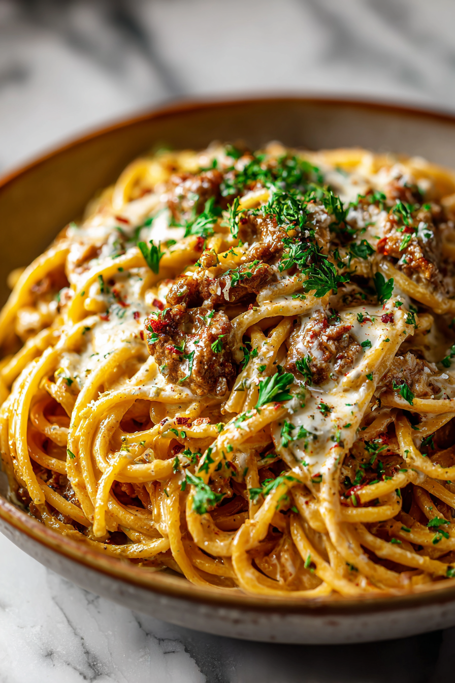 Cajun Beef Spaghetti in Creamy Cheese Sauce