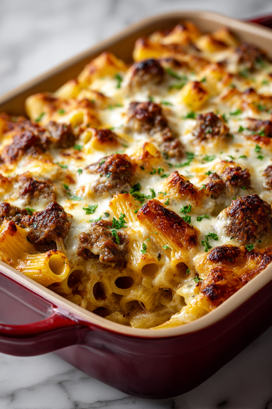 Cajun Steak Rigatoni Parmesan Bake