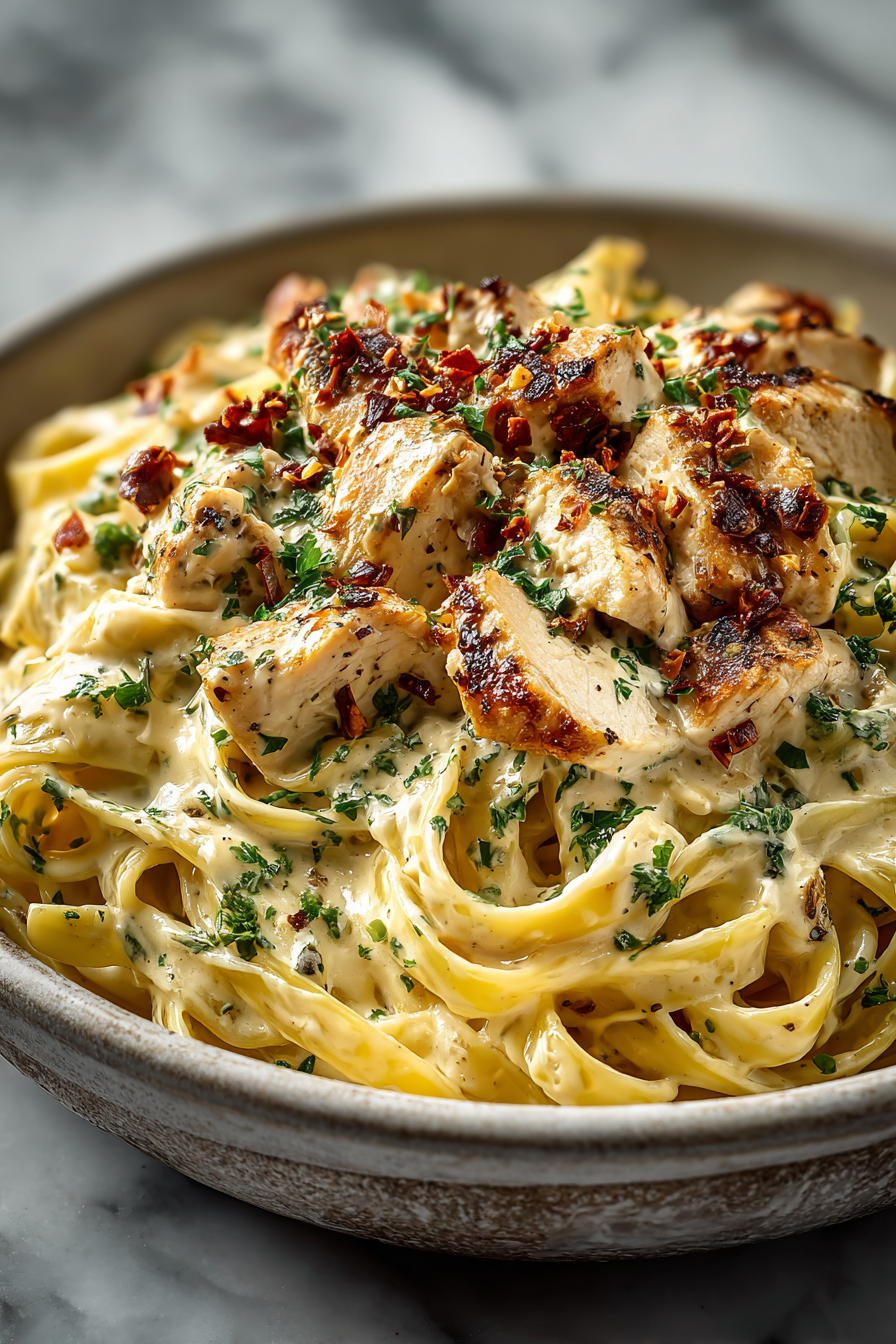 Creamy Chicken Fettuccine with Garlic Sauce