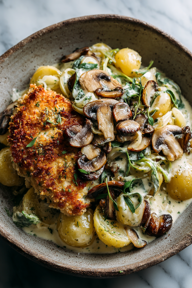 Crispy Chicken Chestnut Garlic Alfredo