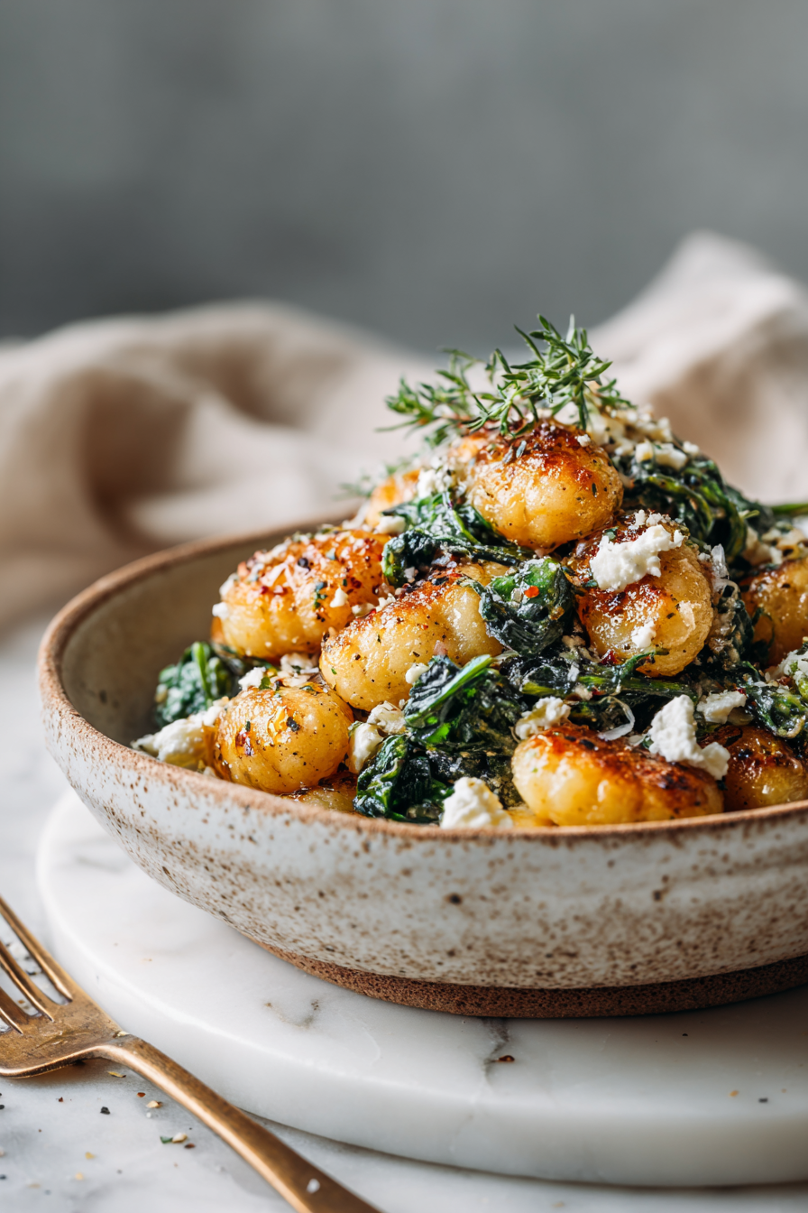Crispy Gnocchi with Spinach and Feta