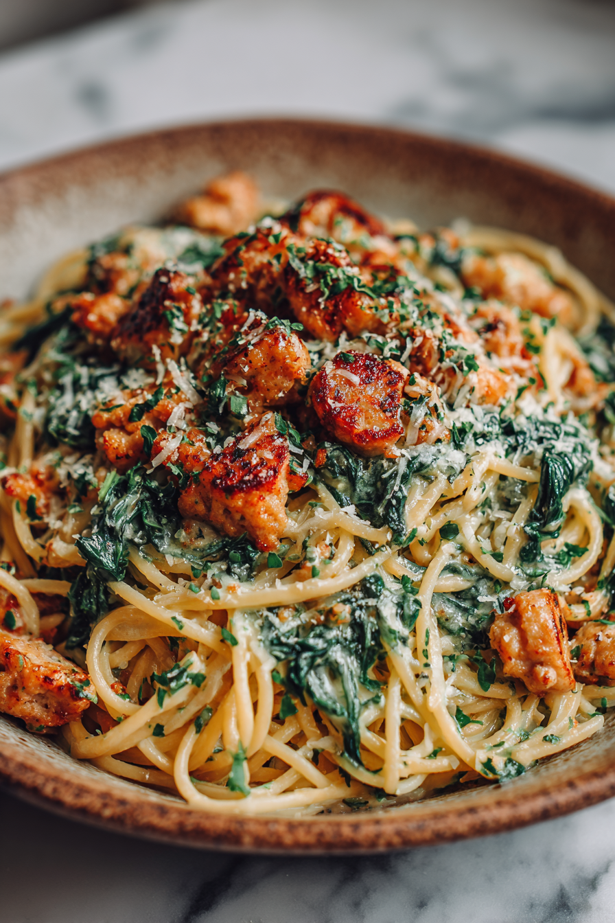 Garlic Butter Sausage Spaghetti Dish