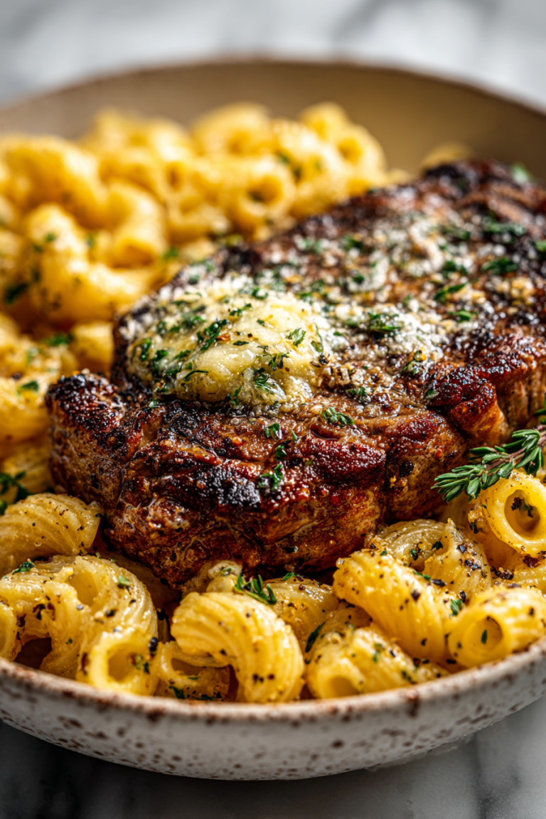Garlic Butter Steak with Parmesan Rigatoni