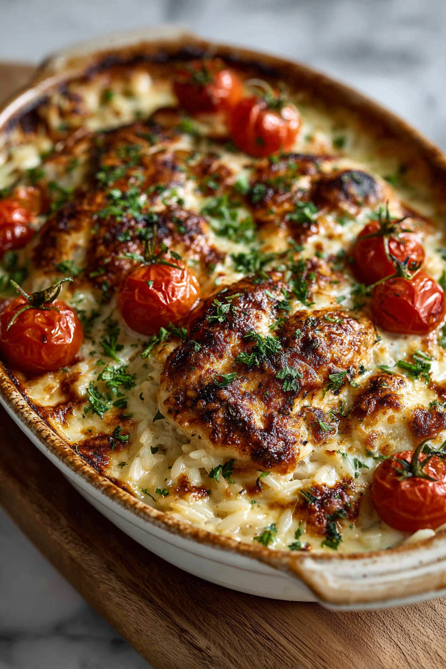 Mediterranean Creamy Chicken Orzo Bake