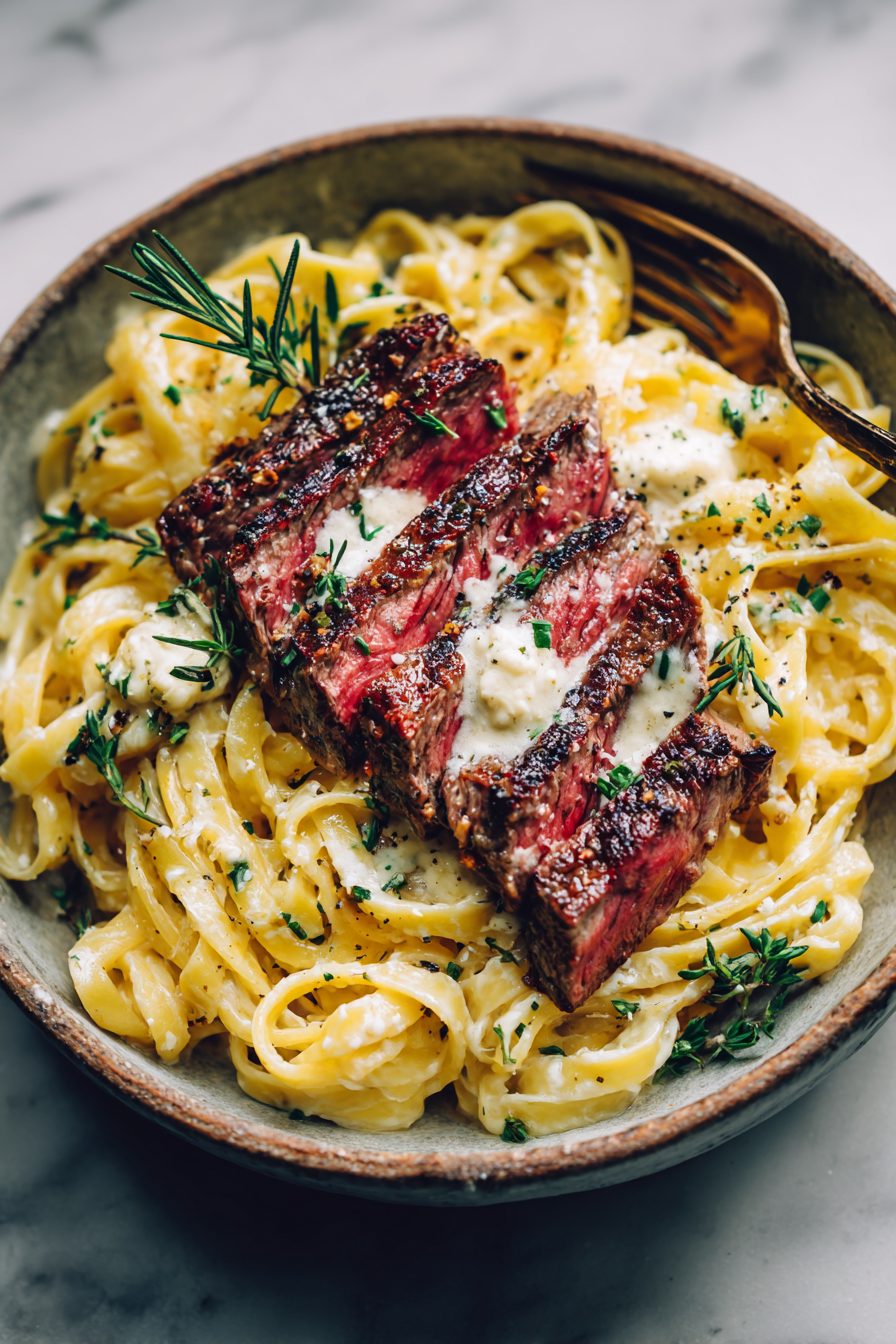 Velveeta Steak Fettuccine with Garlic Butter Sauce
